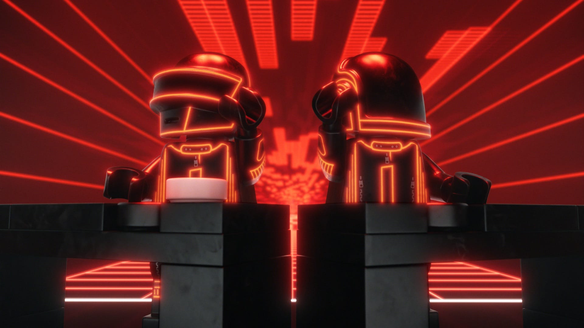 Figurines Lego des Daft Punk aux platines, extrait du clip d'annonce du set Lego Daft Punk prévu en 2027